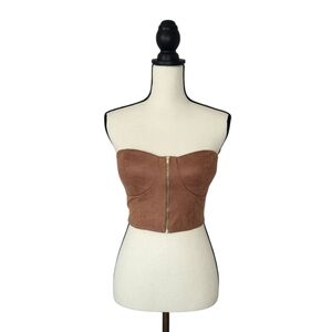 G By Guess Top Faux Brown Suede Crop Strapless Zipper Front Women's Size S